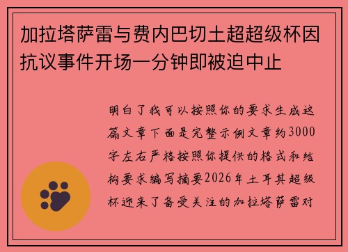 加拉塔萨雷与费内巴切土超超级杯因抗议事件开场一分钟即被迫中止